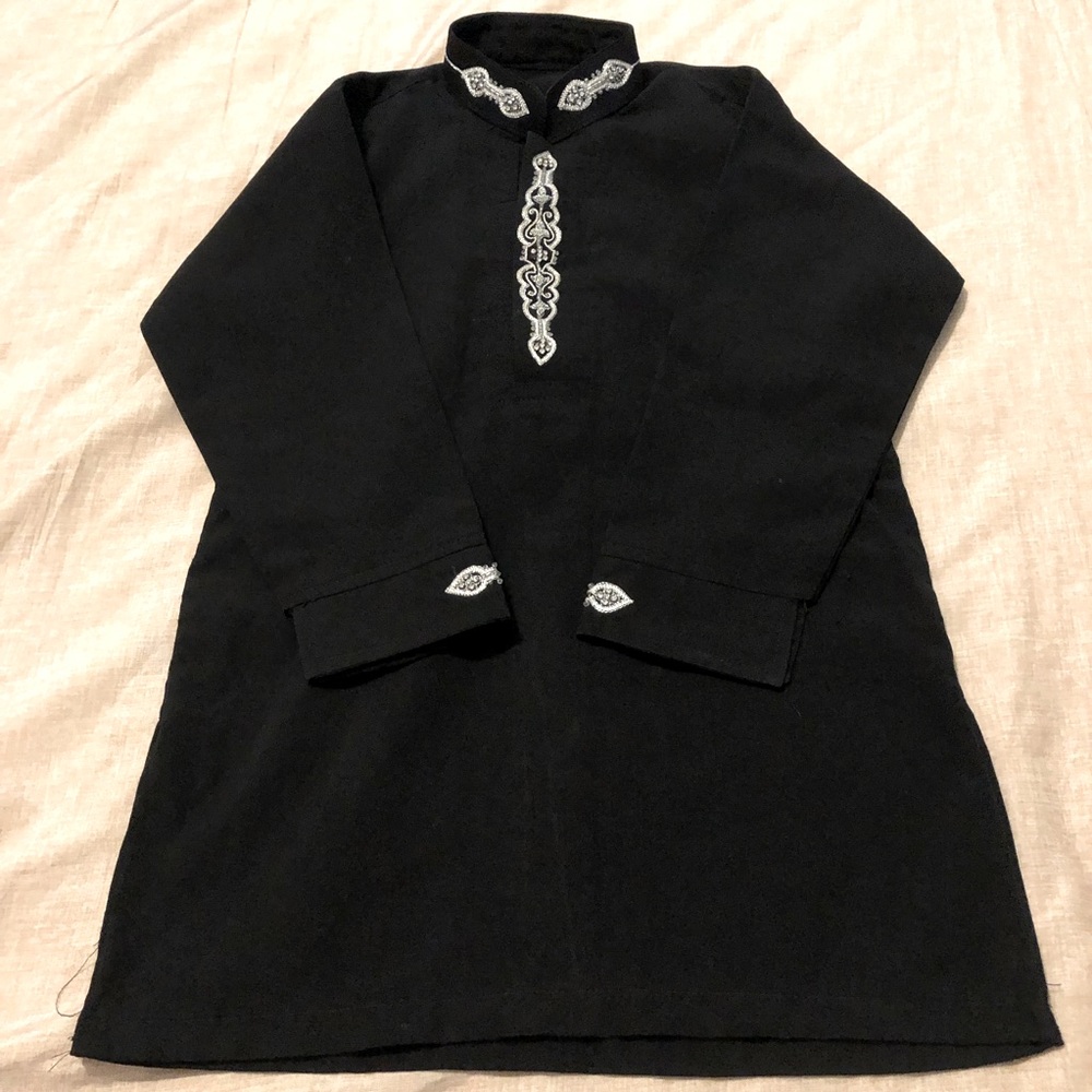 Boys 2 Piece Pakistani Shalwar Kameez Kurta Set Black/Silver Embroidery & Beads